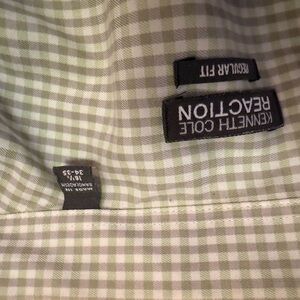 Kenneth Cole Mens Dress Shirt 16.5  34/35 Green Regular Fit Non Iron Button Down